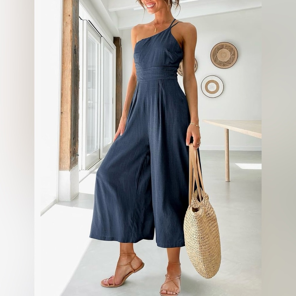 ANRABESS women's Navy One Shoulder High Waist Wide Leg Jumpsuit Romper, size S